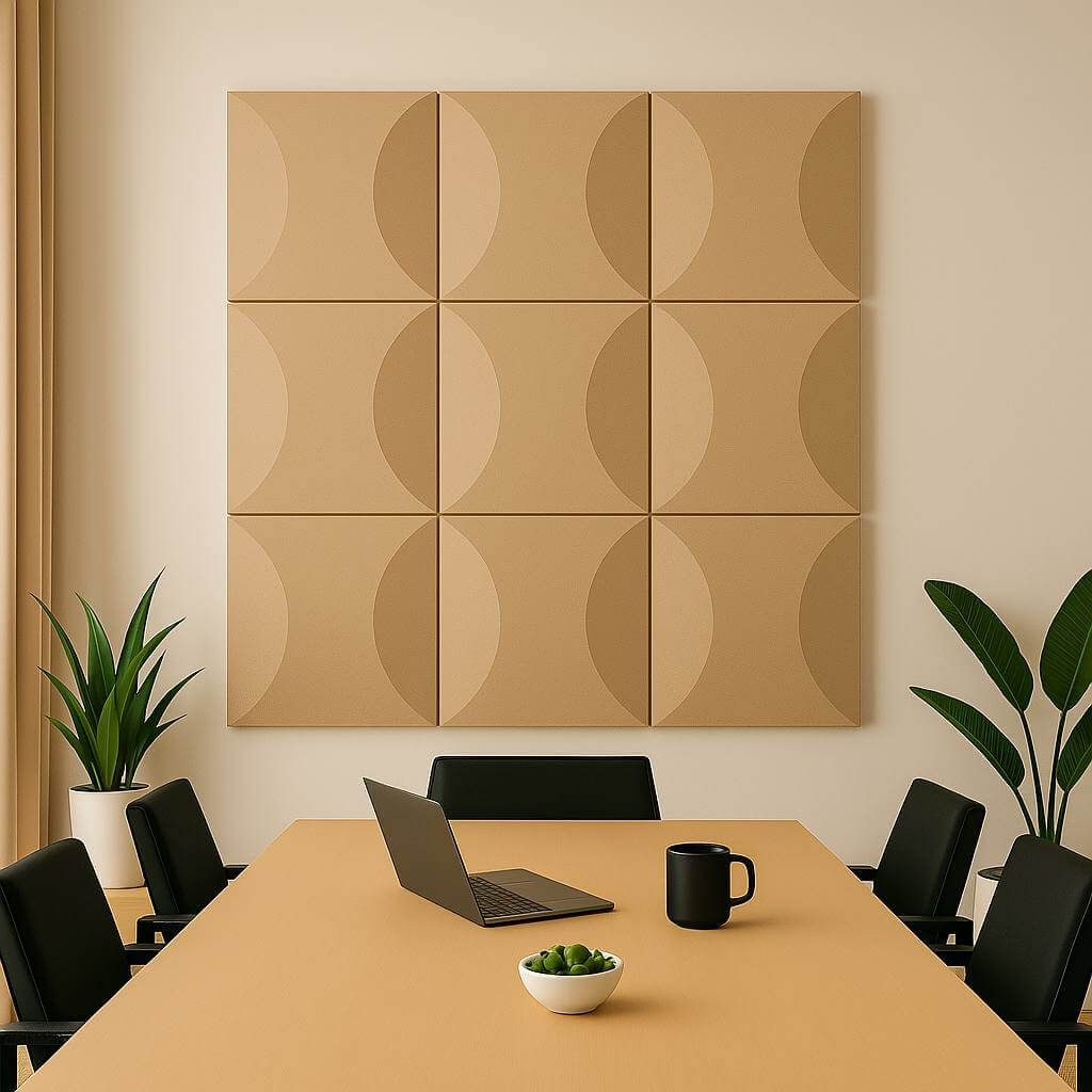 Panneau acoustique 3D beige 23"x23"x4", conçu pour améliorer l’acoustique dans les espaces résidentiels et professionnels.