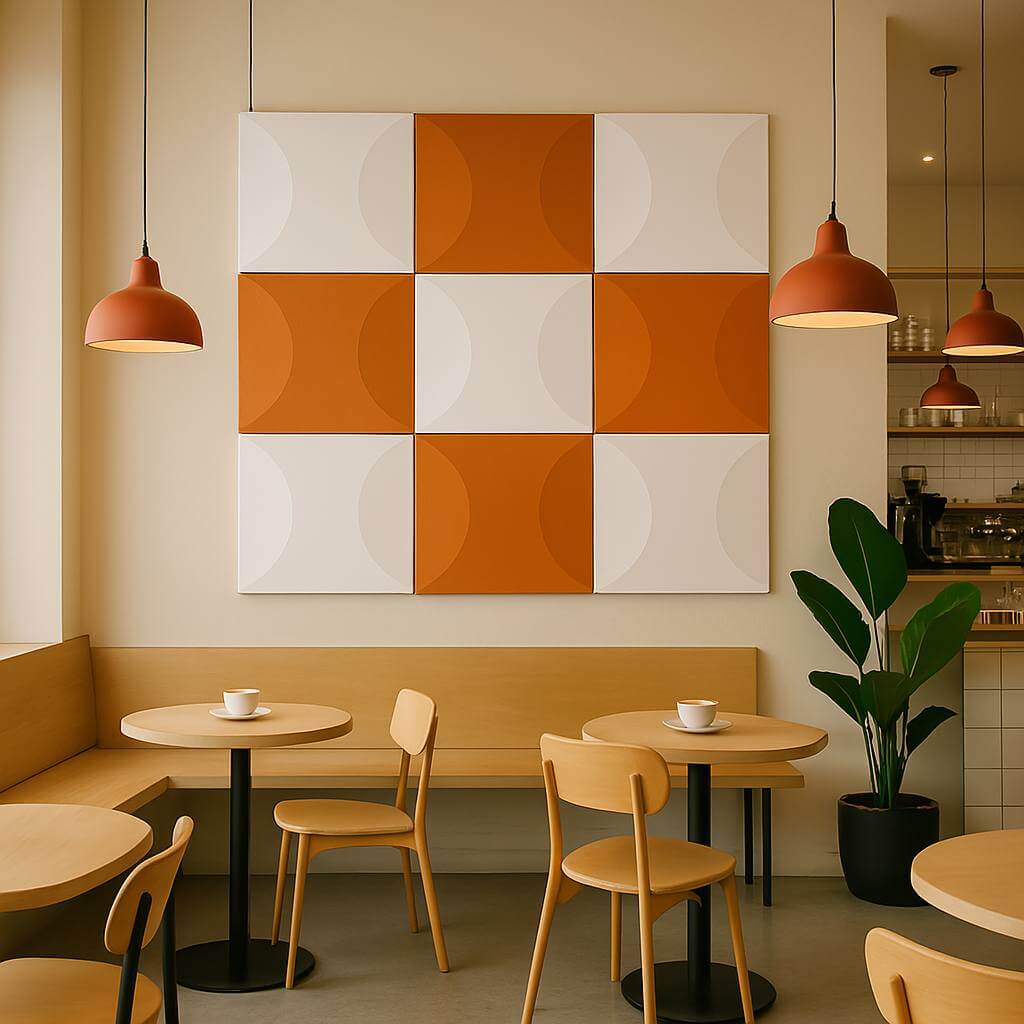 Panneau 3D acoustique orange et blanc de 23"x23"x4" pour open space et aires de travail collaboratives.