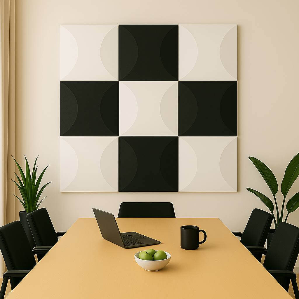 Panneau acoustique 3D en blanc et noir de 16"x16"x4" pour l’isolation sonore dans les espaces de réunion.