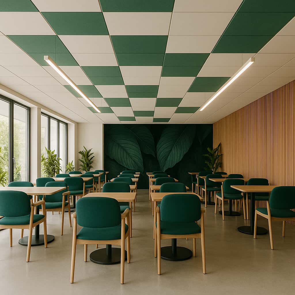 Tuile acoustique intégrée au plafond suspendu pour une isolation phonique discrète à Montréal, Laval, Québec et Gatineau.